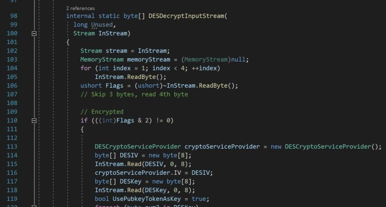 "Reversed code showing DES decryption function and where key + IV are found"