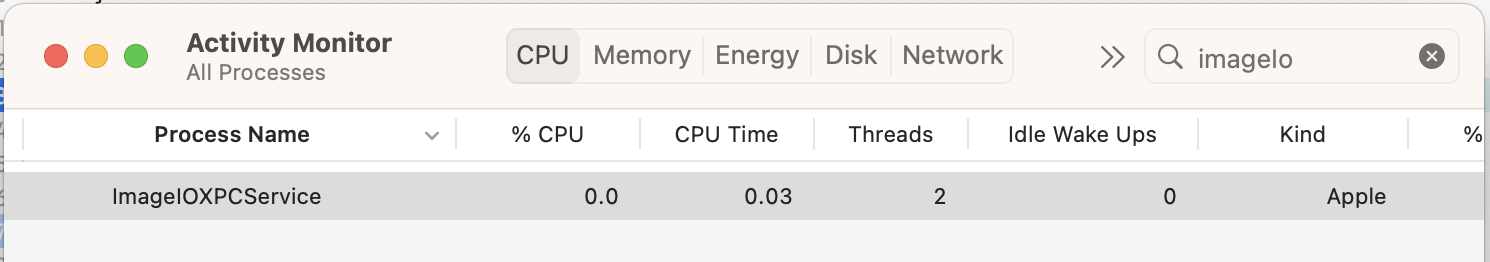 "macOS' Activity Monitor showing the ImageIOXPCService process running, proving ImageIO is sandboxed"