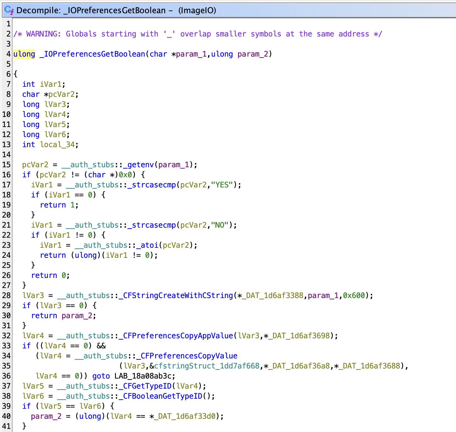 "IOPreferences GetBoolean internals, decompilation showing how it first looks for an env var then pulls from CFPreferences"