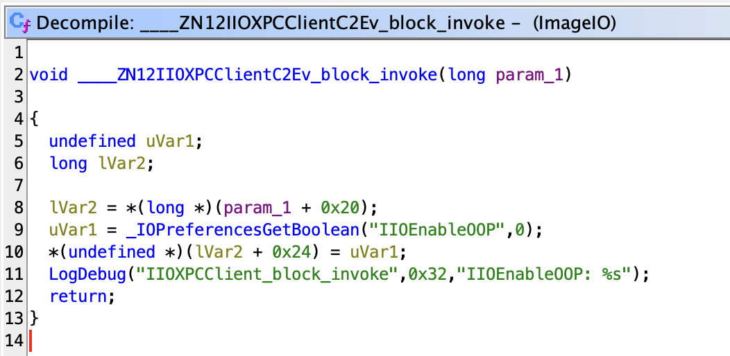 "The block_invoke function's decompilation, showing where the IOPreference is fetched"