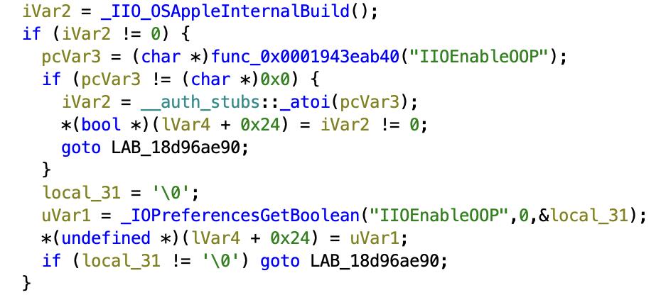 "Decompilation of iOS 17 showing implementation gated behind apple internal build check"