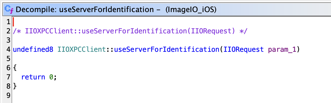 "Decompilation of iOS' useServer* function showing it is an empty stub, not yet implemented"