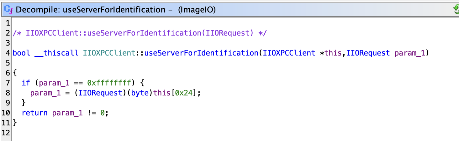 "Ghidra decompilation of macOS' useServerForIdentification method, which is similar to the other useServer* funcs"